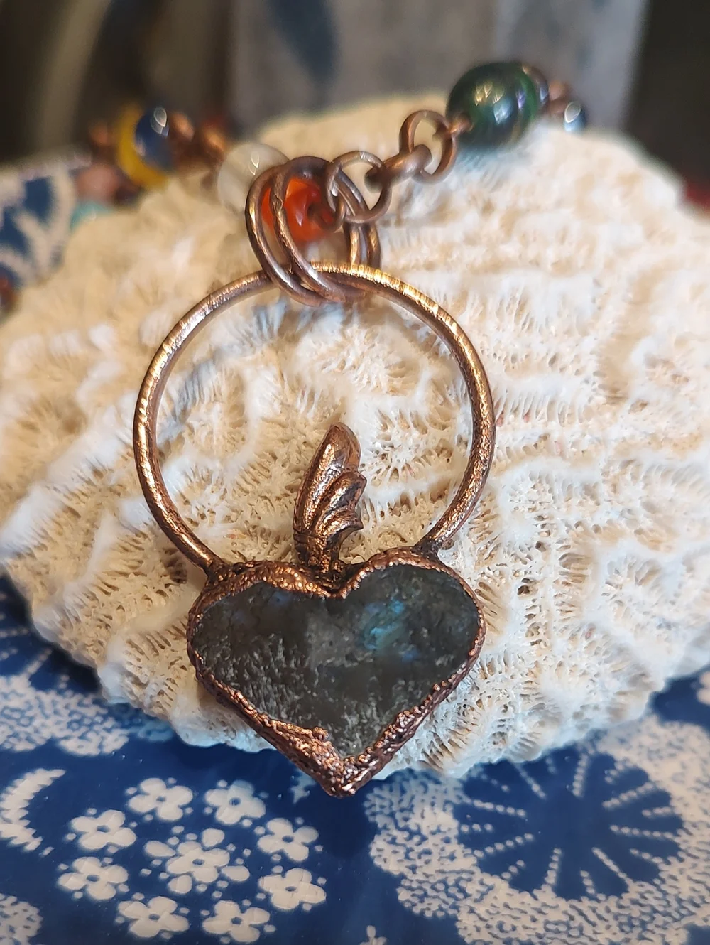 Copper Electroform Raw Labradorite Pendant With Antique Copper Beaded Necklace